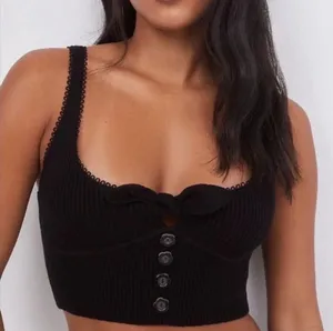 For Love and Lemons Pointelle Knit Crop Top Black Flower Ribbed Bow Coquette thumbnail 1