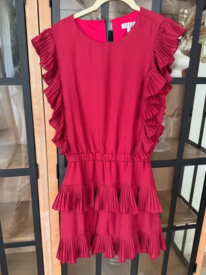 Shop The Mint TCEC Crimson ruffle tiered mini dress maroon a&m alabama pleated short sleeve thumbnail 6