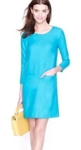 J.Crew Jules Wool Shift Dress Women 8 Teal‎ 3/4 Sleeve Classic Career Preppy thumbnail 1