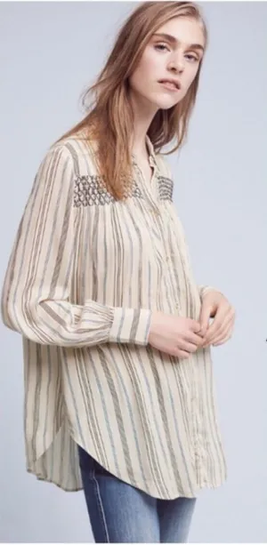 Anthropologie Floreat Norfolk Blouse Striped Long Sleeve Shirring Smocked Sz‎ XS thumbnail 1