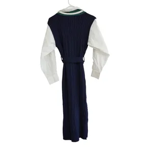 En Saison Navy Cable‎ Knit Sweater Vest Shirt Dress Mixed Media Midi XS NEW thumbnail 9