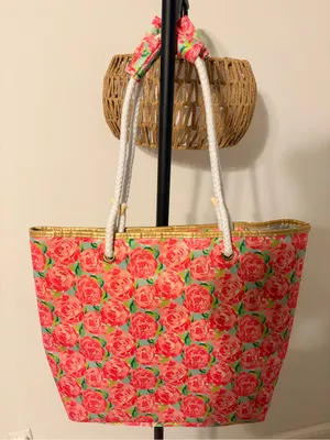 Floral Rose Rope-Handle Tote Bag - Pink thumbnail 1