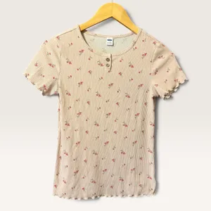 Old Navy XL 14-16 Beige Pink Floral Ribbed Henley Lettuce Trim Top Short Sleeve thumbnail 1