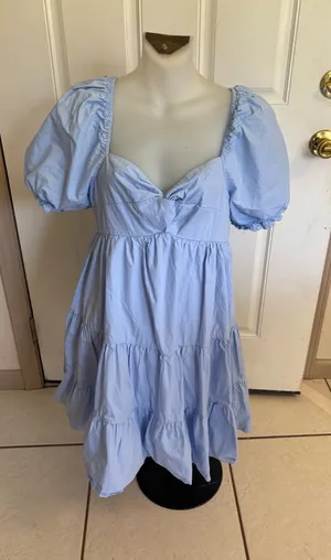 Large She & Sky Light Blue Short Puff sleeve sweetheart tiered Dress thumbnail 1