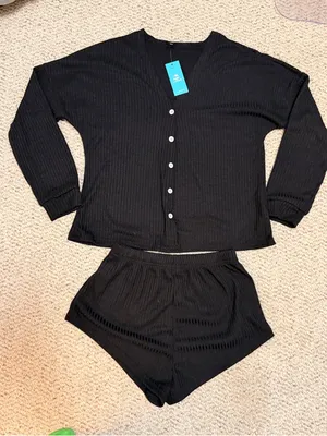 Cupshe Black Lounge Set‎ Ribbed Button Front Top Shorts Set NWT Small thumbnail 3