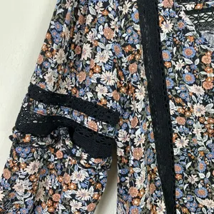 American Eagle Black Floral Lace Trim Long Sleeve Open Tie Back Blouse Size L thumbnail 5