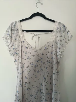 White Blue Ditsy Floral Cottagecore Babydoll Lace Midi Dress XL Romantic Dainty thumbnail 8