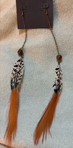 Feather Drop Earrings with Orange and Black Accents thumbnail 1