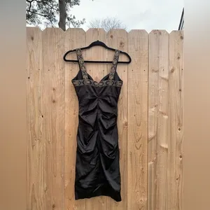 CACHE 2 Black Gold Cocktail Party Body con Dress‎ Stretch Satin Embroidered thumbnail 4