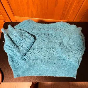 Debut Large‎ Teal Blue Pointelle Knit Cropped Cardigan Sweater V-Neck thumbnail 8