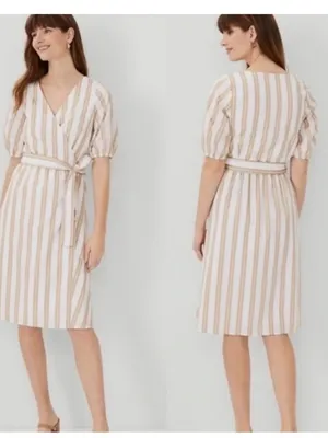 Ann Taylor Striped Wrap Dress Puff Sleeves Tan White Size XXL thumbnail 5