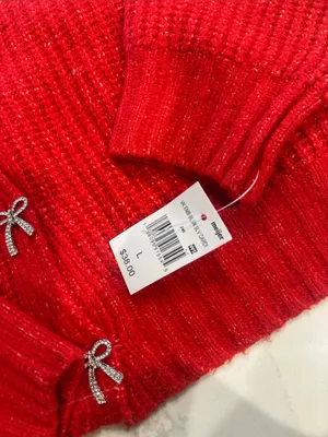 Pink Rose red knit oversized cropped sweater with jewel bow buttons size L NWT thumbnail 4