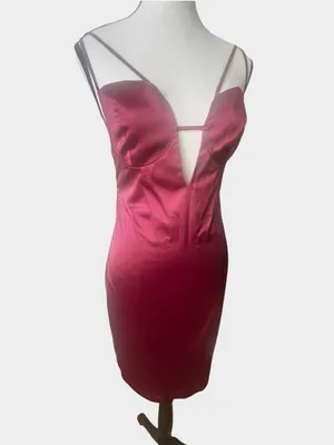 Miss Circle Burgundy Wine Satin Plunge Cutout Bodycon Midi Dress Small thumbnail 3