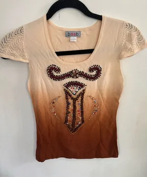 Vintage Y2K Women's Ombre Beige to Brown Embellished Scoop Neck Top thumbnail 1