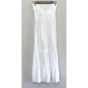Mercedes Campuzano Women's Boho White Smocked Tie Front Tiered Maxi Dress XS thumbnail 2