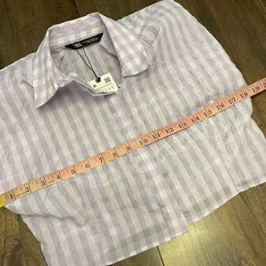 Zara Cropped Lilac Gingham Shoulder Padded Poplin Shirt thumbnail 4