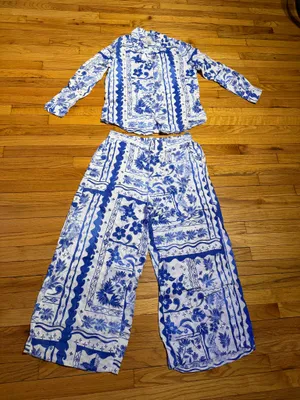 Joie Linen Matching Set Blue/White Floral Two-Piece Pantsuit Coord L/XL coastal thumbnail 1