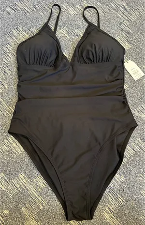 Time and Tru Black One Piece Swimsuit Mesh Inset Ruched Hi Cut Women's Large NEW thumbnail 1