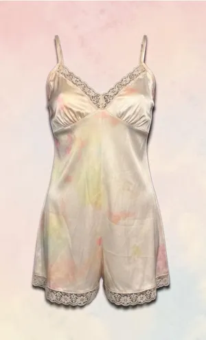Nasty Gal Satin Tie-dye Lounge Romper with Lace Trim Size 4 Off-White Pastel thumbnail 1