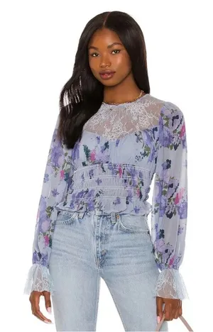 Free People Daphne Floral Lace Blouse In Silver Blue Combo NWT XS thumbnail 1