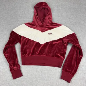 Nike Hoodie Womens Small Red Velour Pullover Cropped Hooded Lined Embroidered thumbnail 1