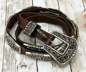 Justin Boots Brown Leather Silver tone Flower Conch Western Belt Size 35 thumbnail 1