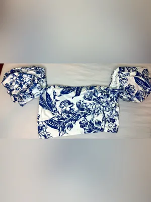 Abercrombie & Fitch Floral Puff Sleeve Smocked Crop Top Blue White L thumbnail 6