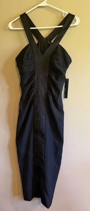Maggy London Black Crisscross Halter Ruched Midi Cocktail‎ Dress GSM40M Womens 4 thumbnail 1