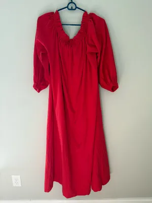 OShopLive Red Off Shoulder Maxi Dress Puff Sleeve NWT Women’s Large 100% Cotton thumbnail 5