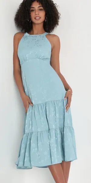 NWT Lulus Celebration Charm Blue Satin Jacquard‎ Halter Midi Dress thumbnail 1