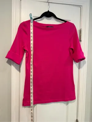 NWOT LRL Lauren Ralph Lauren Size S Pink Boat Neck Cuffed Sleeve Top Cotton thumbnail 3