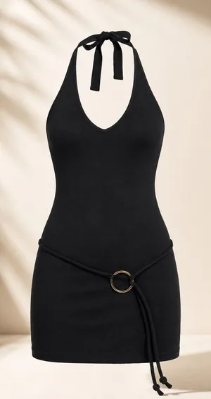 Frankies Bikinis Dolly Knit Mini Dress Women XL Black Halter O-Ring New LBD Y2K‎ thumbnail 1