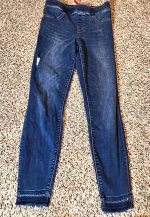 Spanx Ankle Jean Ish Leggings Dark Wash Distressed Raw Hem Skinny‎ Size Medium thumbnail 1