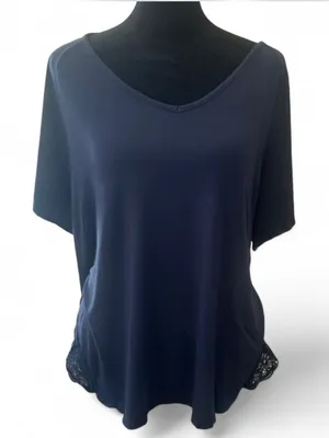 VENUS Navy Blue Lace Accent V-Neck Short Sleeve Blouse Size L thumbnail 1
