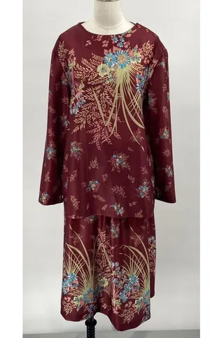 Vintage 70s Floral Print Matching Skirt Set Button Neck Tunic Midi Maroon Small thumbnail 8