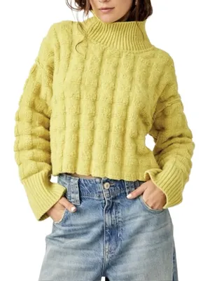 Free People Soul Searcher Cropped Mock Neck Textured Knit Sweater Green XS thumbnail 1