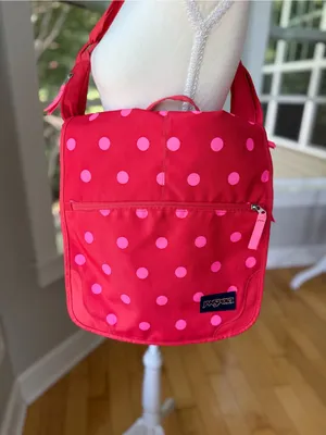 Jansport Red Oversized Messenger Bag with Pink Polka Dots thumbnail 12