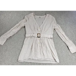 Free People Womens Belted‎ Top Medium Cream Solid Button Down Long Sleeve Blouse thumbnail 3