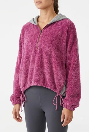 Free People Pink Fuzzy Teddy Half Zip Hoodie Oversized Pullover Balloon Sleeve M thumbnail 1