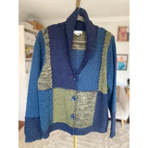 Vintage Patchwork Knit Cardigan Allison Daley Shawl Collar Quiet Luxury Boho L thumbnail 2