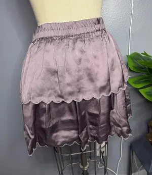 Beaded Scalloped Satin Tiered Mini Skirt - Taupe / Mauve Satin Tiered Mini Skirt with Metallic Bead Embroidery & Scallop Hem thumbnail 1
