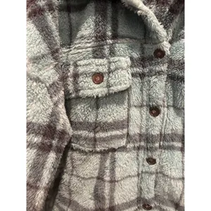 PacSun Plaid Sherpa Shacket Teal Blue Black Button Up Faux Fur Jacket M/L thumbnail 2