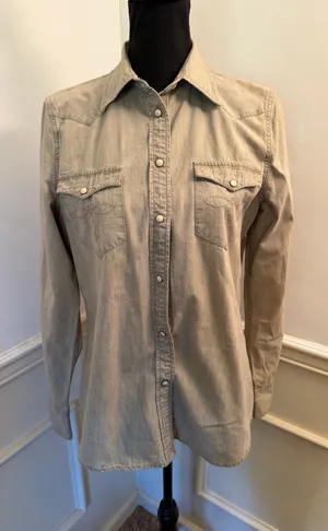 Lauren Ralph Lauren Khaki Beige Denim Western Yoke Pearl Snap Embroidered Top thumbnail 1
