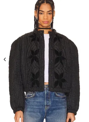 Free People Quinn Quilted Jacket Velvet Floral Applique Jacket Black Women Sz L thumbnail 1