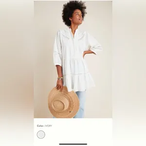 Anthropologie Vicenza Ivory Lace Swiss Dot Cotton Boho Hippie Tunic Mini Dress thumbnail 2