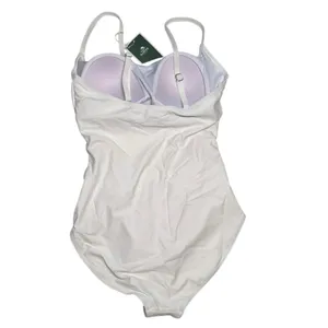 E.Menie White ruched spaghetti strap one piece build in bra‎ swimsuit medium thumbnail 2