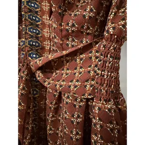 Max Studio Womens Brown Geometric Print V-Neck‎ Tie Front Smocked Blouse Medium thumbnail 5