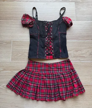 Tripp nyc SET Mini Skirt and Top Plaid Red Black Corset lace up pleated thumbnail 1