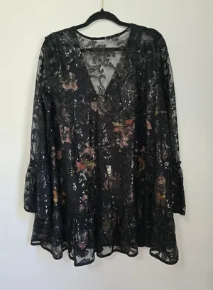 Free People Falling Flowers Frock Mini Dress Pink Black Sequins thumbnail 1