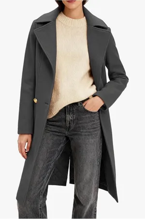 Women's Dark Grey Pea Coat Long Sleeve Regular Fit Overcoat Winter Outerwear AW6 thumbnail 1